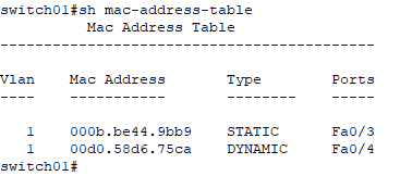 Figure 9. Information for MAC address binding in the current configuration.