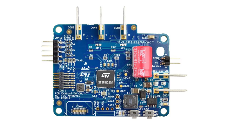 STMicroelectronics’ EVLSPIN32G4-ACT evaluation board drives three-phase BLDC motors, delivering up to 250 W