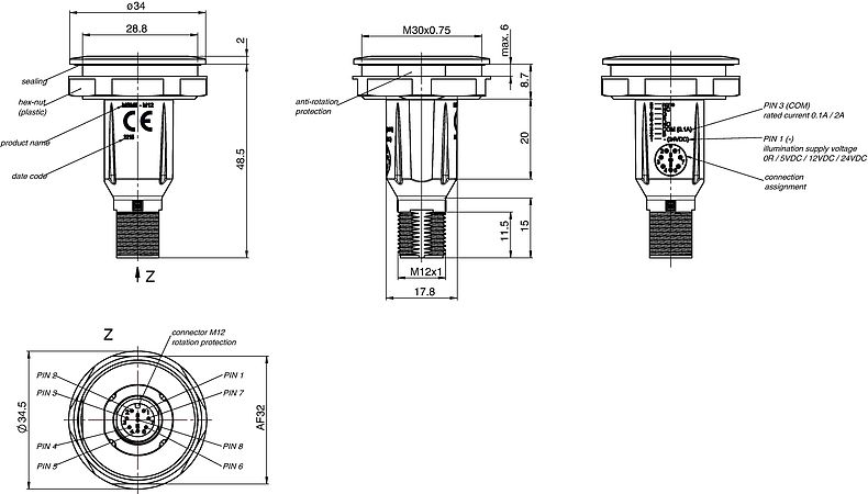 Technical drawing of the MSM II M12 switch showing dimensional layout, M30 mounting thread, and 8-pin M12 connector configuration