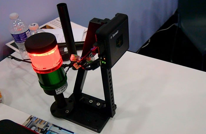 At the show, Sonair’s sensor was paired with a visualization of the safety zone and a stack light indicator