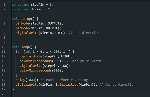 Figure 3. Sample program in the loop function for stepper motor pulse generation with a 500-microsecond step pulse width.