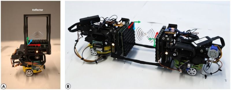 Using acoustic pressure fields, robots can move small objects individually (left) and then transfer them to another robot (right)