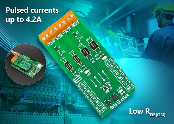  Figure 1. The new Opto 8 Click development board features two different photorelays from Toshiba.