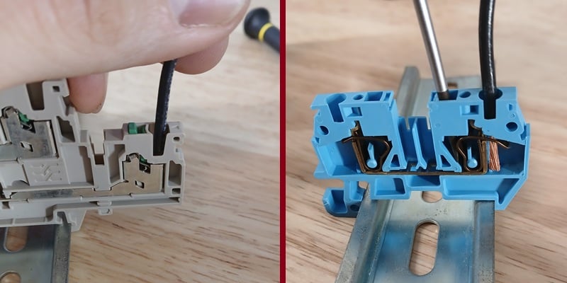 Figure 3. On the left, a push-in connection; just press and ‘click.’ On the right, a spring-clamp terminal.