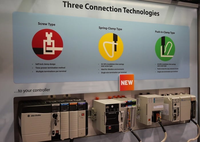 PLCs featuring an assortment of terminal connection and breakout module types. Check out the next picture for the ‘push-in’ clamp type.